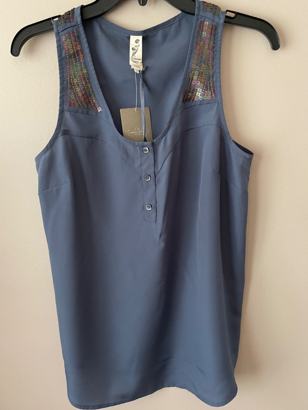 Anthropologie Sequined Racerback Tank By Floreat Navy Blue Sleeveless Top Size 4